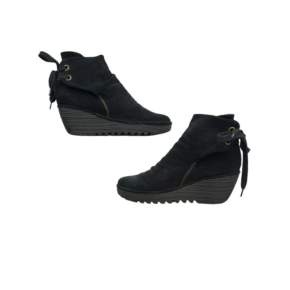 Fly London Yama Wedge Boot Ankle Women 39 8.5 Black Slouchy Artsy Comfort Suede